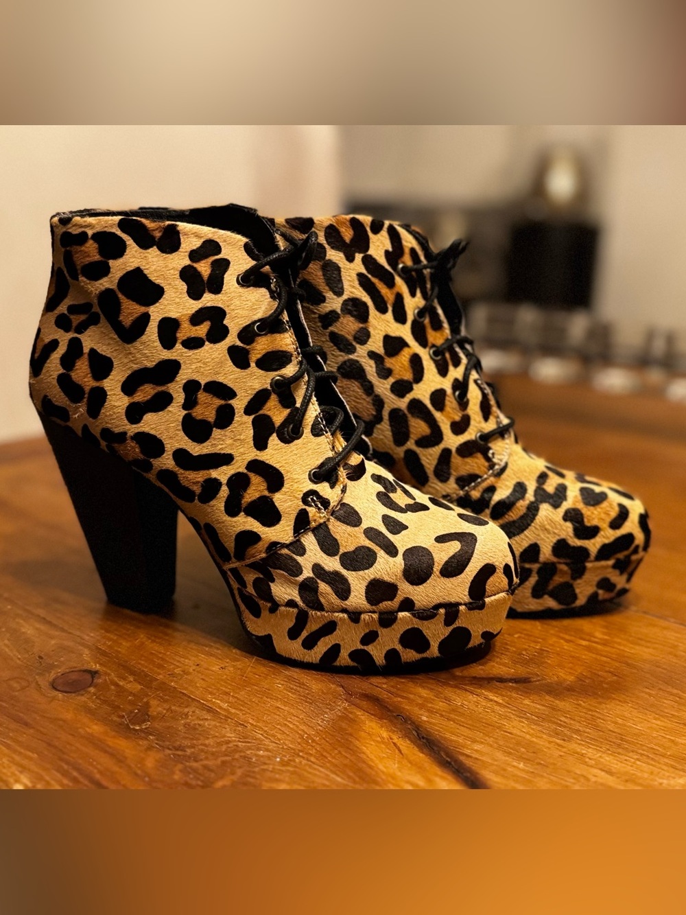 Steve Madden, Brand New, Leopard Faux Fur, Lace-Up Platform Ankle Boots